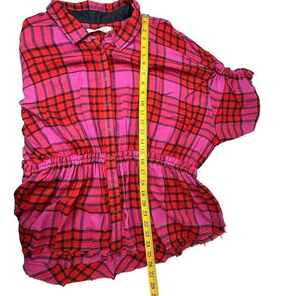 WE THE FREE Pacific Dawn Plaid Shirt Red Pink Cinch Waist Tie Back Size Large - Picture 14 of 16